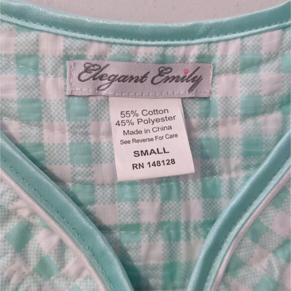 Elegant Emily Duster House Coat Robe S Mint Green Gingham Plaid Pearl New NWT - Picture 8 of 10